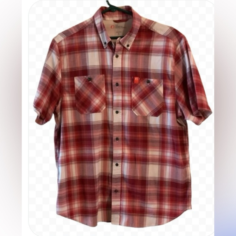American Outdoorsman Shirt Sz L Plaid Short Sleeve Red White Button Down PERFECT